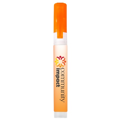 Personalized orange plastic .34 ounce hand sanitizer spray with a full-color logo.