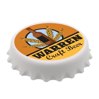 White plastic bottle cap shaped bottle opener with a personalized full color imprint.