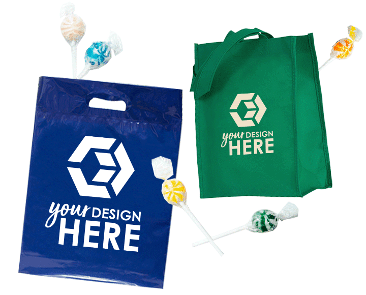 Personalized gift bags blue plastic gift bag with white imprint and green cotton favor bag with white imprint