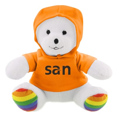 Plush and cotton rainbow bear with orange hoodie with branded imprint.