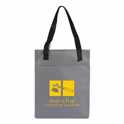 Non-woven polypropylene gray pamphlet tote with customized logo.