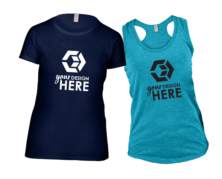 Ladies promotional t-shirts blue t shirt with white imprint and teal tank top with black imprint