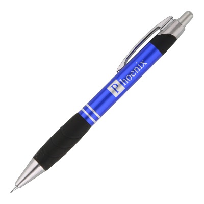 Blue mechanical pencil with black grip and customized imprint.