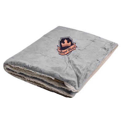 Embroidered reversible lambswool and polyester steel grey blanket.