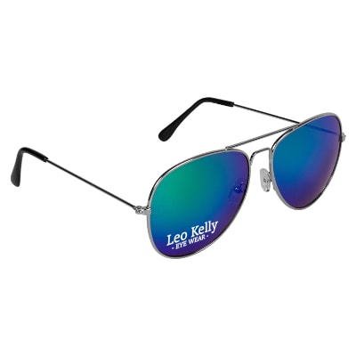 Polycarbonate and metal blue color reflective aviator sunglasses with logo.