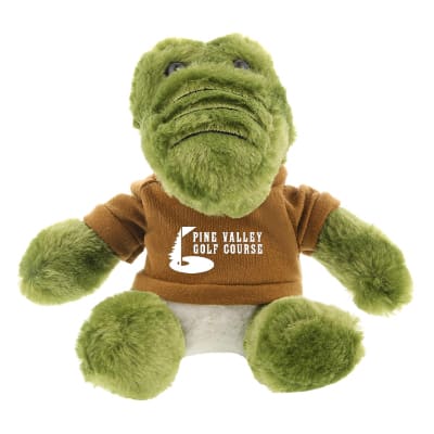 Plush and cotton alligator with brown shirt with custom imprint.