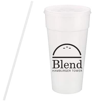 Styrofoam white foam cup with lid and straw and custom imprint in 24 ounces.