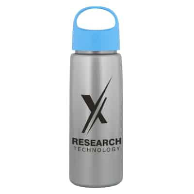 Plastic metallic silver water bottle with oval crest lid and custom imprint in 26 ounces.
