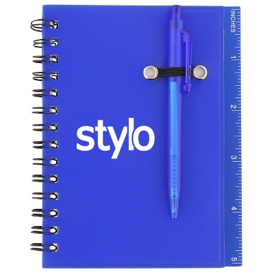 Plastic frosted blue measure up notebook with imprinted logo.