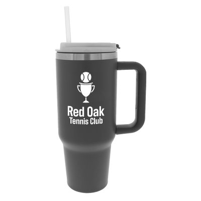 Stainless steel travel mug with a custom logo.