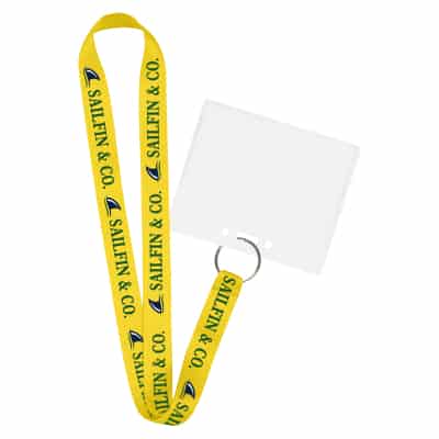 3/4 inch satin polyester full-color custom imprint lanyard with silver key ring and horizontal ID holder.