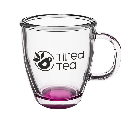 Pink coffee mug with custom logo.
