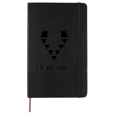 Black hard cover moleskin dotted notebook with custom debossed logo.