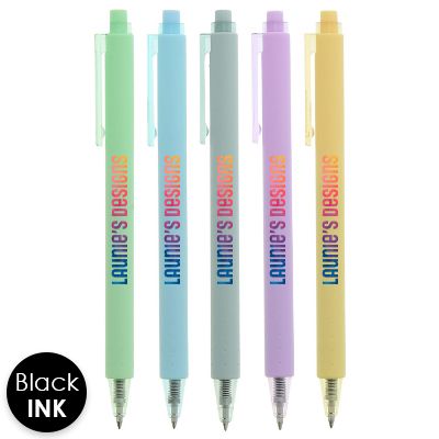 Colored soft sided pen with translucent clip and customized logo.
