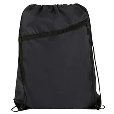 Blank polyester black drawstring bag with zippered front pocket and reinforced corners.