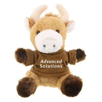 Plush and cotton bull with brown shirt with custom logo.