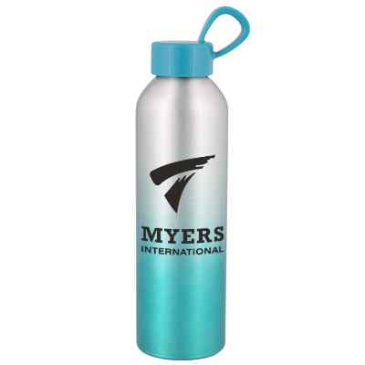 Aluminum silver and red water bottle with custom branding in 21 ounces.