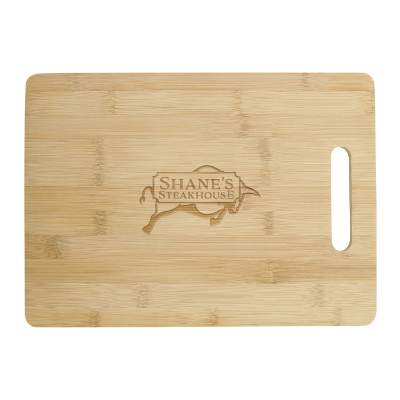 Natural 13-in. temora bamboo cutting board with laser engraved custom logo.