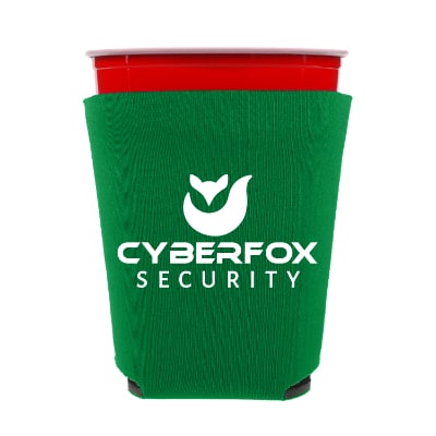 Foam kelly green party cup cooler with custom imprint.