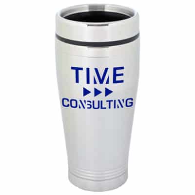 Stainless steel silver tumbler with custom imprint in 16 ounces.