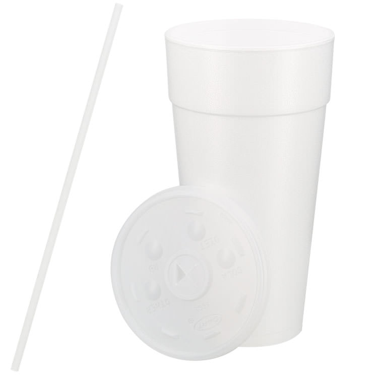 Styrofoam white foam cup with lid and straw in 24 ounces.