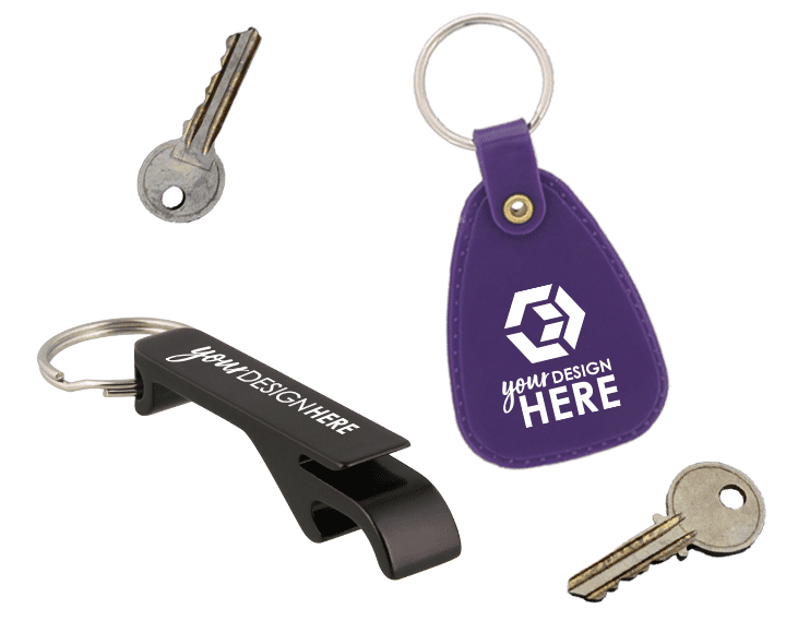 Custom logo keychains black bottle opener keychain with white imprint and purple key tag with white imprint