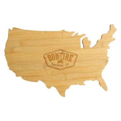 USA natural bamboo cutting board with laser engraved logo.