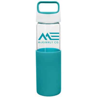 Glass aqua water bottle with custom business logo in 20 ounces.