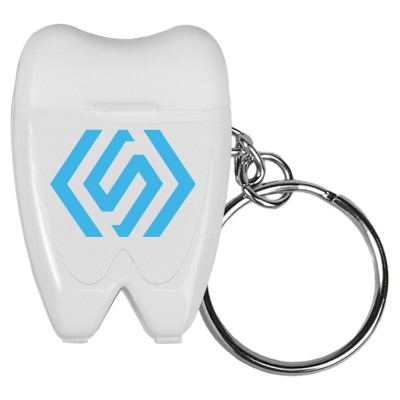 White plastic dental floss with a custom logo.