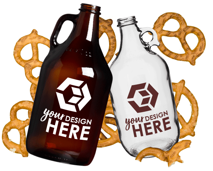 Amber brown growler with white imprint and clear growler with brown imprint