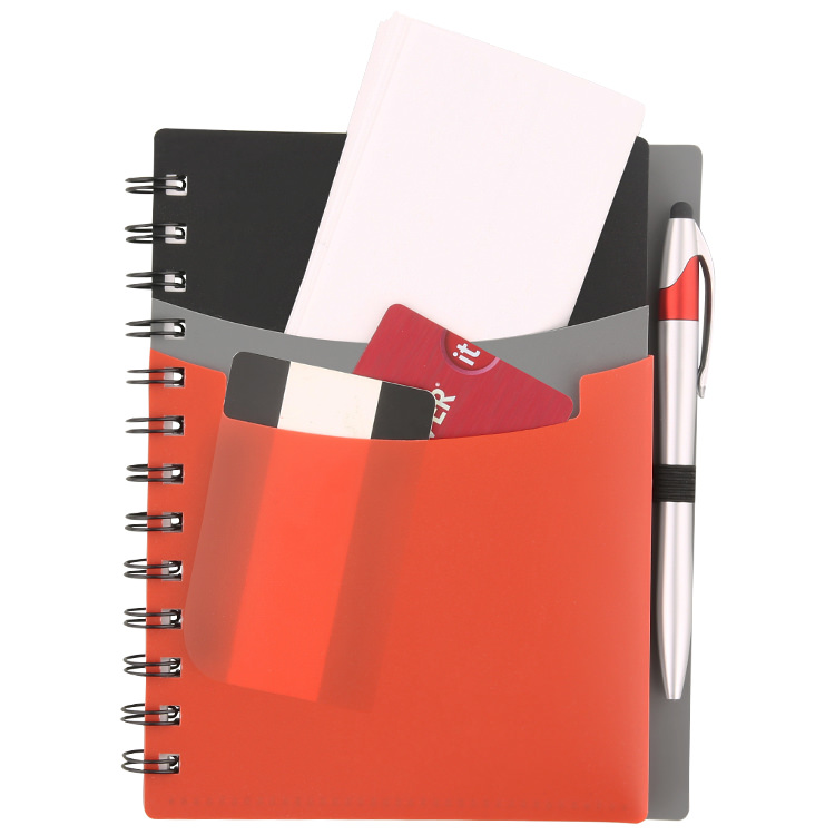Notebook with front pockets and stylus pen.