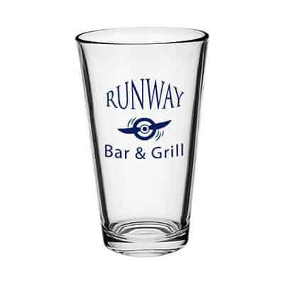 Glass clear pint glass with custom imprint in 20 ounces.