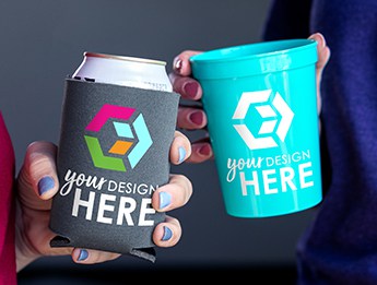 Teal cup with white imprint and grey koozie with white imprint