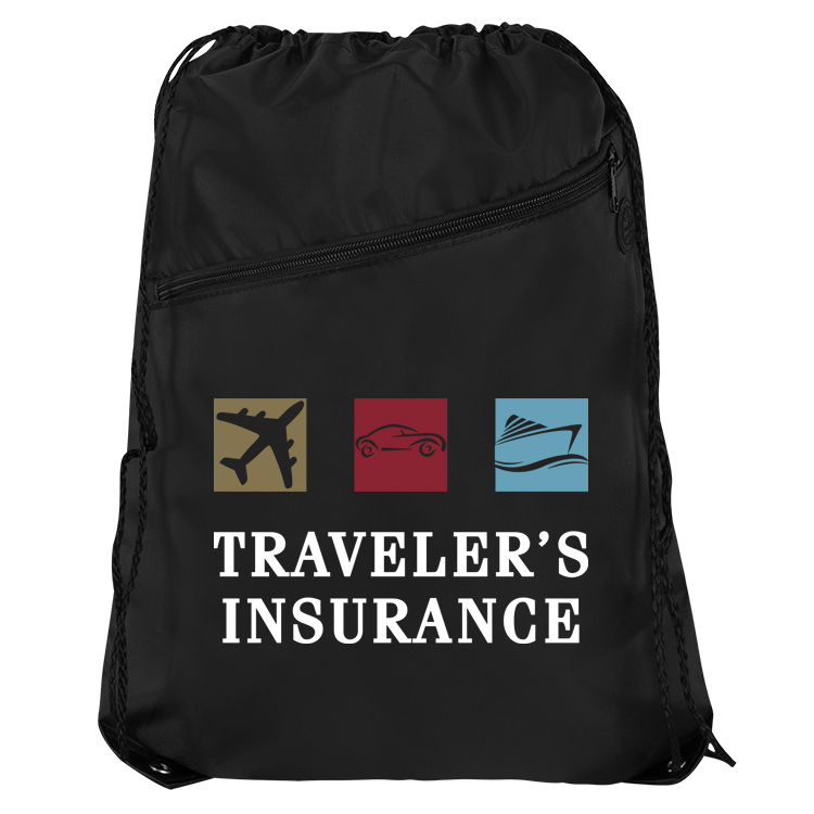 Polyester black drawstring bag with full-color print, zippered pocket and reinforced corners.
