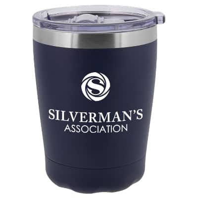 Stainless steel blue tumbler with custom imprint in 10 ounces.