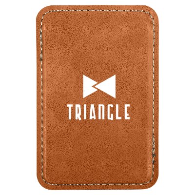 Brown leather phone wallet with a branded logo.