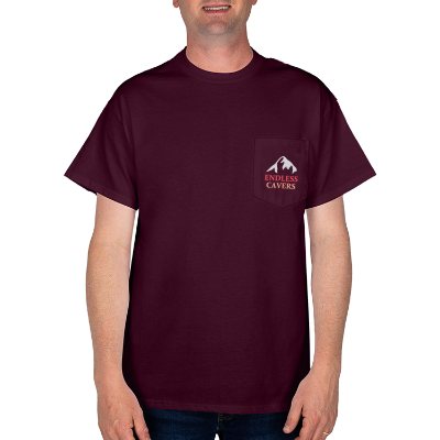 Customized maroon unisex pocket t-shirt with full color logo.