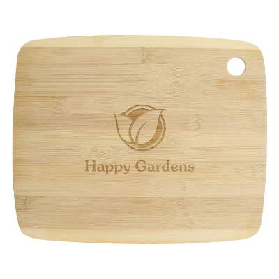 Natural 13-in. albury bamboo cutting board with laser engraved custom logo.