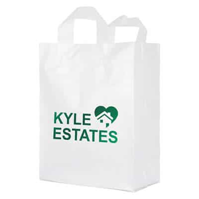 Plastic frosted clear with handles foil stamped recyclable shopper bag with logo.