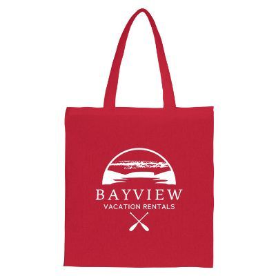 Red cotton tote bag with custom imprint and self-fabric handles.