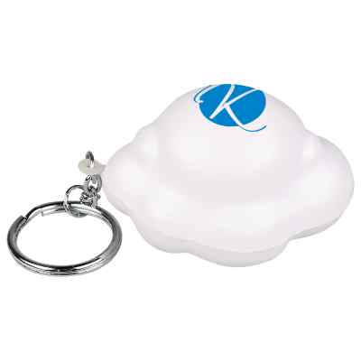 Fluffy white cloud stress ball keychain with an imprinted logo.