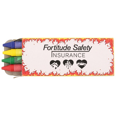 Cardboard 4 pack fire safety crayons with branded logo.