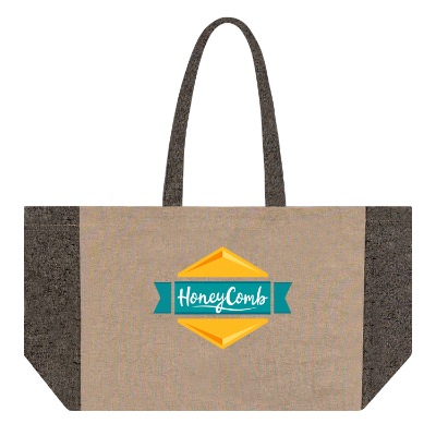 Natural with black recycled cotton contrast side tote bag with custom full-color logo.