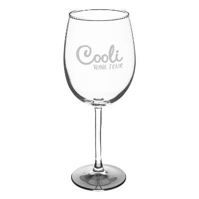 Clear wine glass with engraved logo.