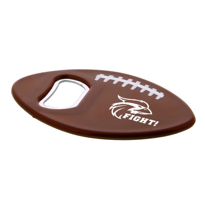 Brown plastic football bottle opener with stainless steel opener insert with custom promotional imprint.