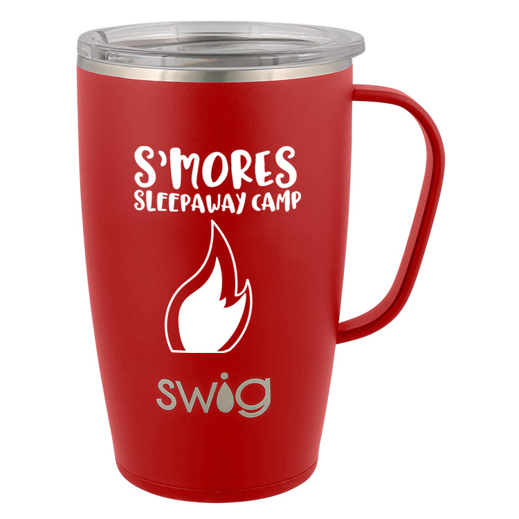 Red Swig mug with custom logo.