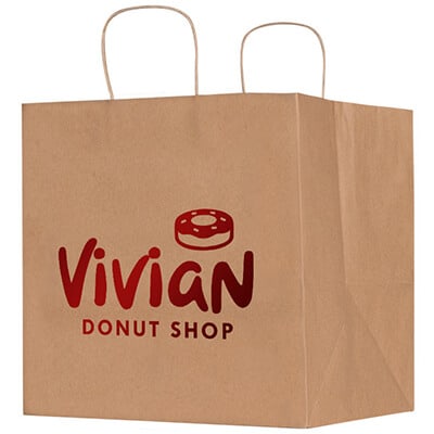 Natural Kraft paper 12 inch wide takeout bag with foil logo.