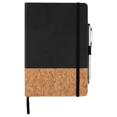 Red cork board journal and pen.