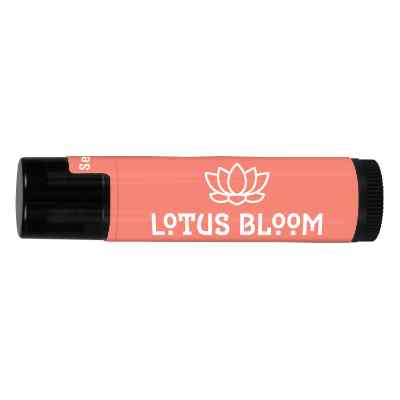 Black plastic lip balm with a customizable logo.