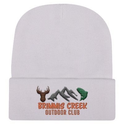 White beanie with embroidered logo.